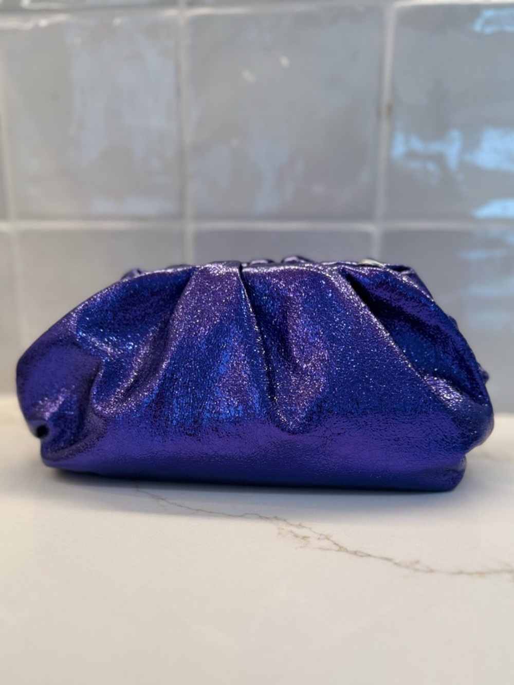 INC Shimmery Metallic Purple Pleated Clutch with Detachable Straps